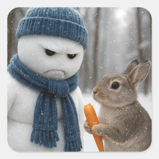 Scowling Christmas Snowman With a Bunny Vierkante Sticker (Voorkant)