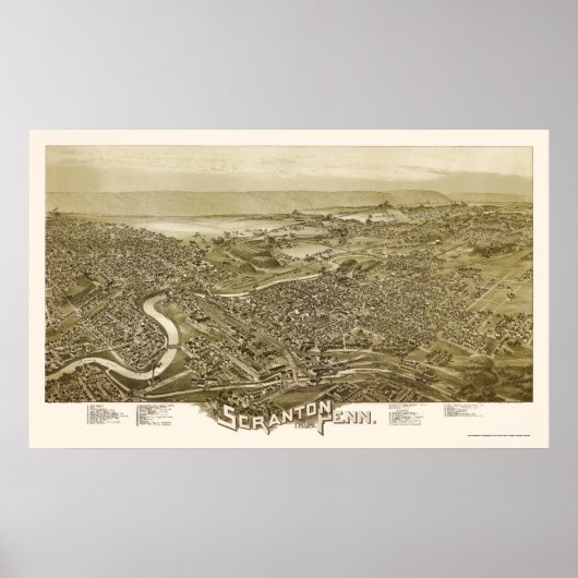 Scranton, PA Panorama Map - 1890 Poster (Voorkant)