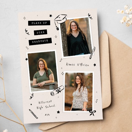 Scrapbook Doodles 3-Photo Snapshot Graduation Aankondiging
