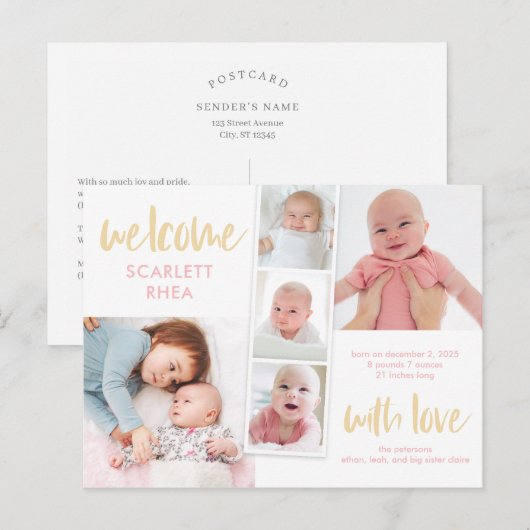 Scrapbook Love Editable Color Birth Announounding Briefkaart (Voorkant / Achterkant)