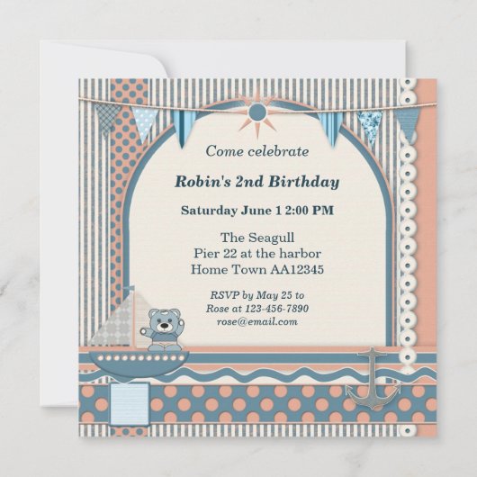 Scrapbook Sailboot Nautical Birthday Kinder Party Kaart (Achterkant)