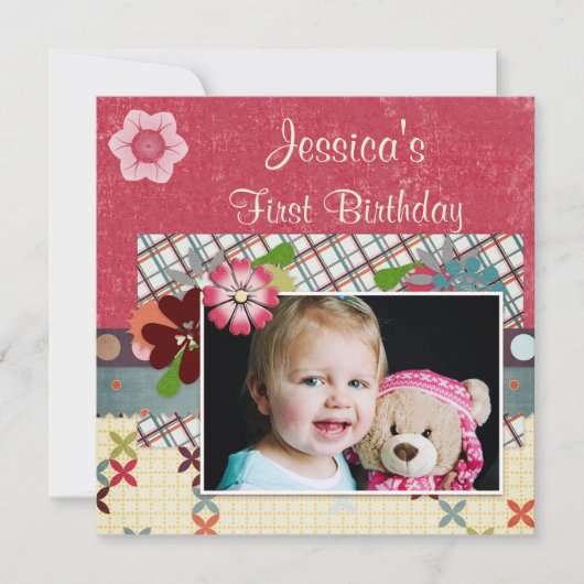 Scrapbook Style Girls' 1e verjaardag foto Kaart (Voorkant)