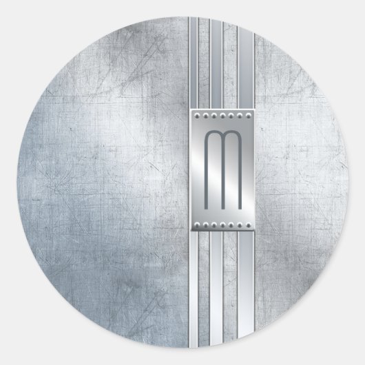 Scratched Metal Stripes Monogram Blue ID443 Ronde Sticker (Voorkant)