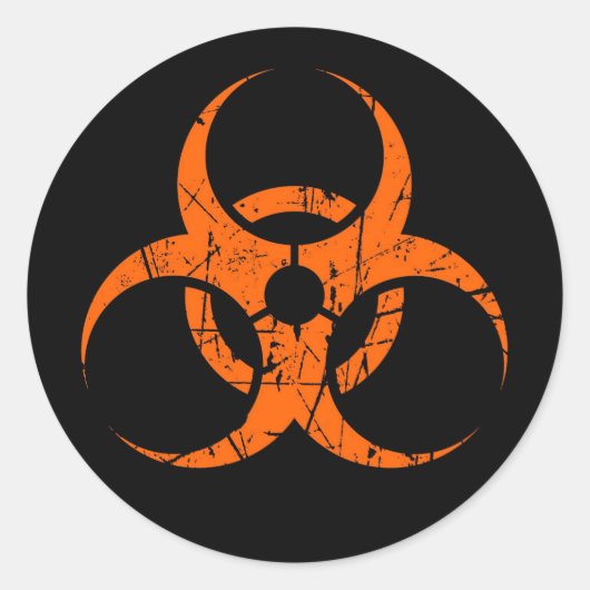 Scratched Oranje Biohazard Symbool op zwart Ronde Sticker (Voorkant)