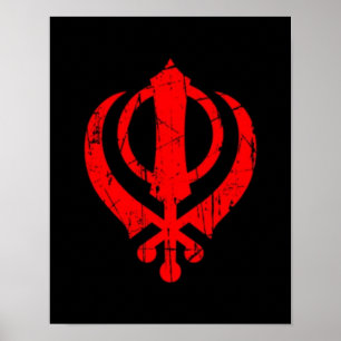 Scratched Red Sikh Khanda-symbool op zwart Poster