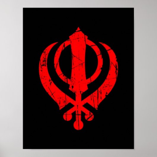 Scratched Red Sikh Khanda-symbool op zwart Poster (Voorkant)