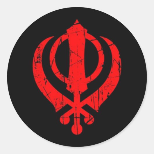 Scratched Red Sikh Khanda-symbool op zwart Ronde Sticker (Voorkant)