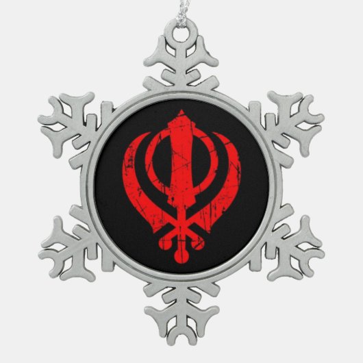 Scratched Red Sikh Khanda-symbool op zwart Tin Sneeuwvlok Ornament (Voorkant)