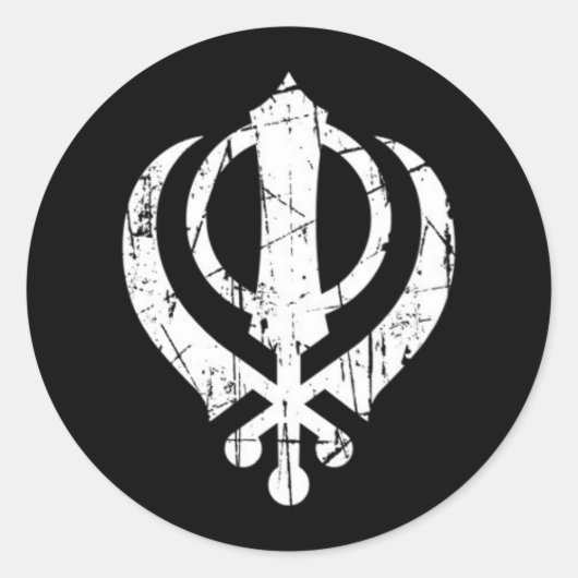 Scratched White Sikh Khanda Symbol on Black Ronde Sticker (Voorkant)