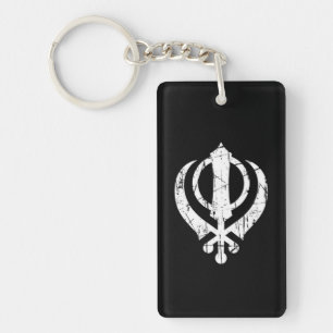 Scratched White Sikh Khanda Symbol on Black Sleutelhanger
