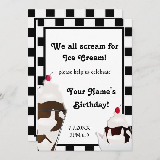 Scream for Ice Cream Birthday Party Invite Kaart (Voorkant / Achterkant)