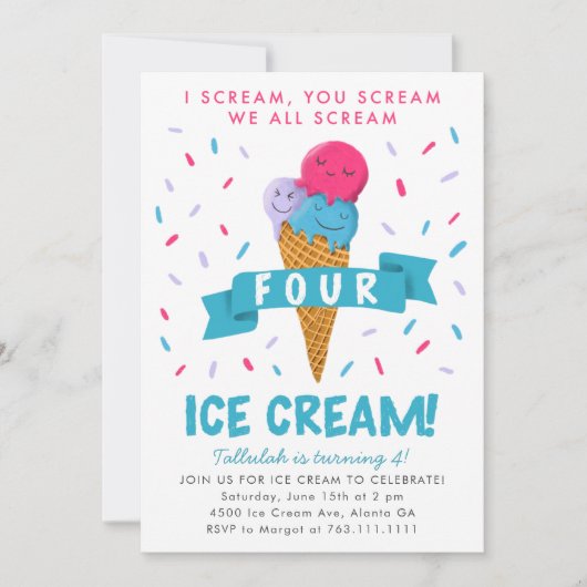 Scream four Ice Cream 4th Birthday Party Kaart (Voorkant)