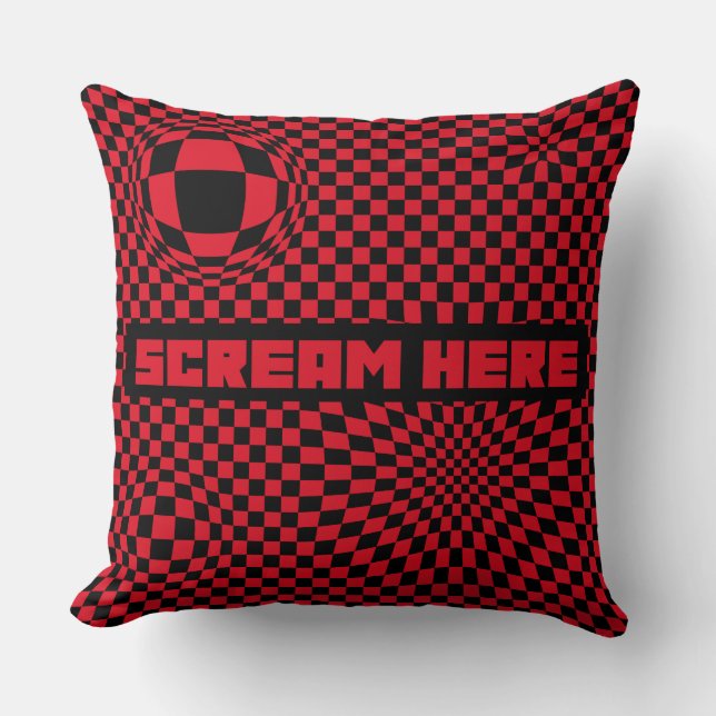 Scream Here | Red Checkered Optical Illusion Throw Kussen (Voorkant)