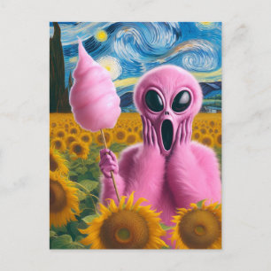 Screaming Alien Holding Katoen Snoep Zonnebloemen Briefkaart