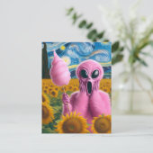 Screaming Alien Holding Katoen Snoep Zonnebloemen Briefkaart (Staand voorkant)