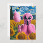 Screaming Alien Holding Katoen Snoep Zonnebloemen Briefkaart (Voorkant / Achterkant)
