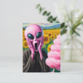 Screaming Pink Alien met Cotton Snoep Briefkaart (Staand voorkant)