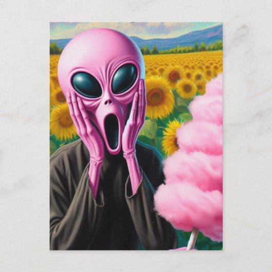 Screaming Pink Alien met Cotton Snoep Briefkaart (Voorkant)