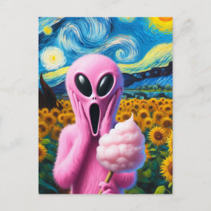 Screaming Pink Alien met Cotton Snoep Zonnebloemen Briefkaart