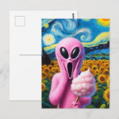 Screaming Pink Alien met Cotton Snoep Zonnebloemen Briefkaart (Voorkant / Achterkant)