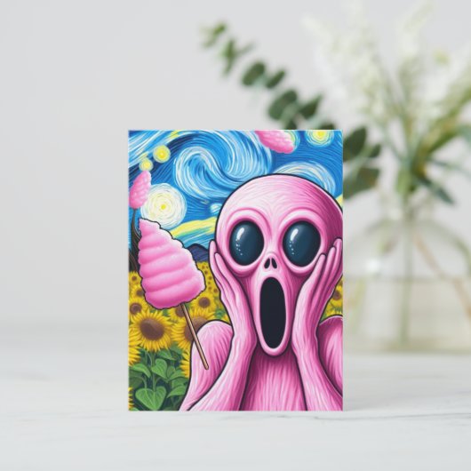 Screaming Pink Alien Sunflower Field Cotton Snoep Briefkaart (Staand voorkant)