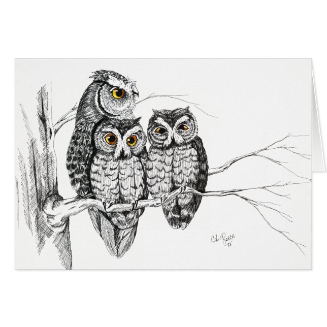 Screech Owl Family 2 Kaart in inkt (Voorkant Horizontaal)