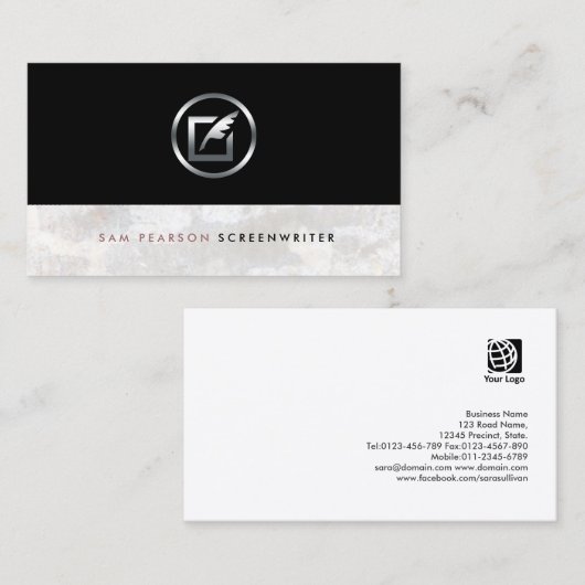 Screenwriter Bold Silver Quill Paper Icon Elegant Visitekaartje (Voorkant / Achterkant)