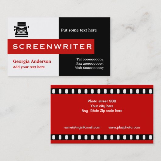 Screenwriter zwart, wit, rood in het oog springend visitekaartje (Voorkant / Achterkant)