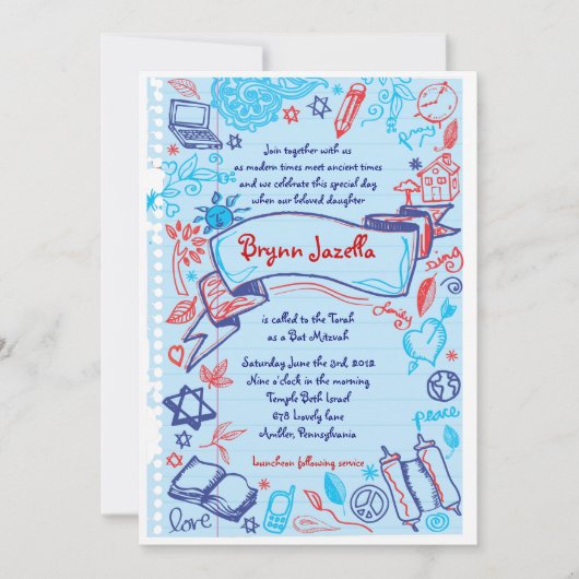 SCRIBBELS OP NOTEPAPER Bat Bat Mitzvah Uitnodiging (Voorkant)