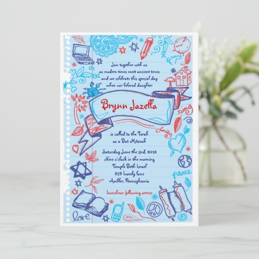 SCRIBBELS OP NOTEPAPER Bat Bat Mitzvah Uitnodiging (Staand voorkant)