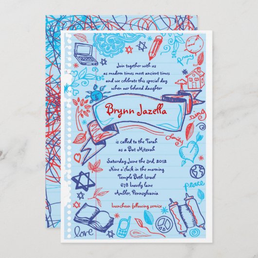 SCRIBBELS OP NOTEPAPER Bat Bat Mitzvah Uitnodiging (Voorkant / Achterkant)