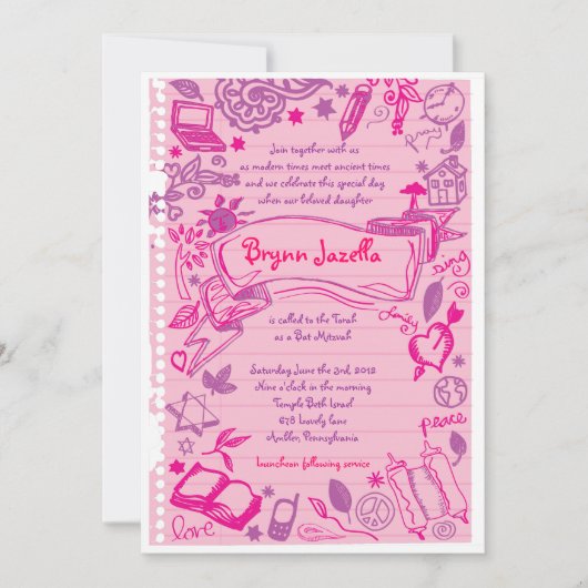 SCRIBBELS OP NOTEPAPER Bat Bat Mitzvah Uitnodiging (Voorkant)