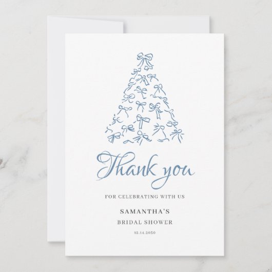 Scribble Blue Bow Christmas Tree Vrijgezellenfeest Bedankkaart (Voorkant)