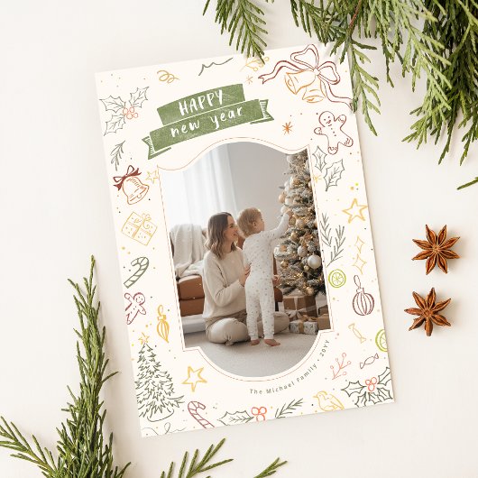 Scribble Doodle Whimsical Family Christmas Photo Feestdagenkaart