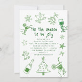 Scribble Doodles Glitter Green Christmas Party Kaart (Voorkant)