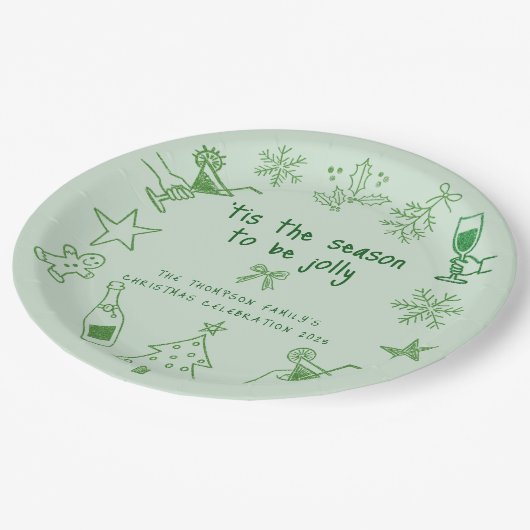 Scribble Doodles Glitter Green Christmas Party Papieren Bordje (Gekanteld)