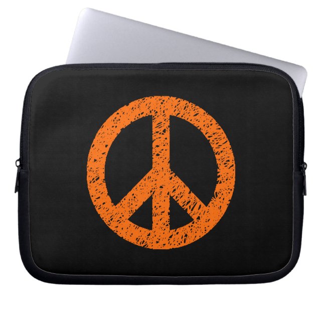 Scribble Stenciled Peace Symbol - Oranje op Blk Laptop Sleeve (Voorkant)