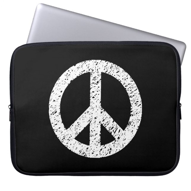 Scribble Stenciled Peace Symbol - White on Black Laptop Sleeve (Voorkant)