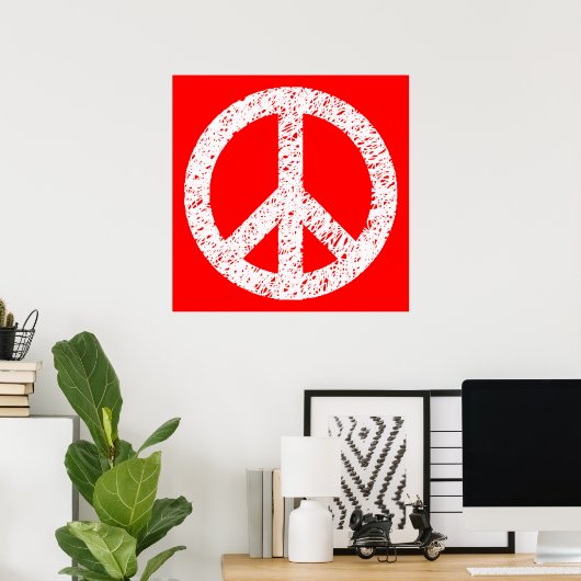 Scribble Stenciled Peace Symbol - Wit op rood Poster (Thuiskantoor)