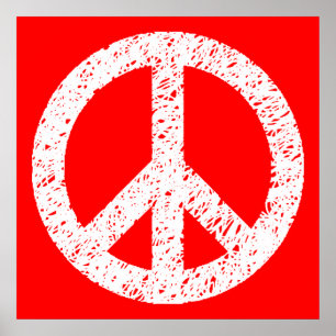 Scribble Stenciled Peace Symbol - Wit op rood Poster
