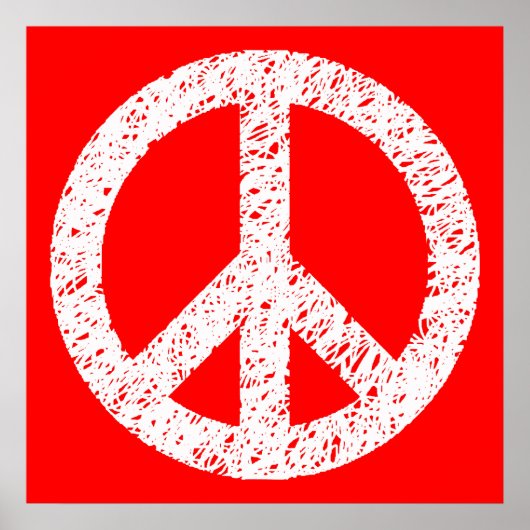 Scribble Stenciled Peace Symbol - Wit op rood Poster (Voorkant)
