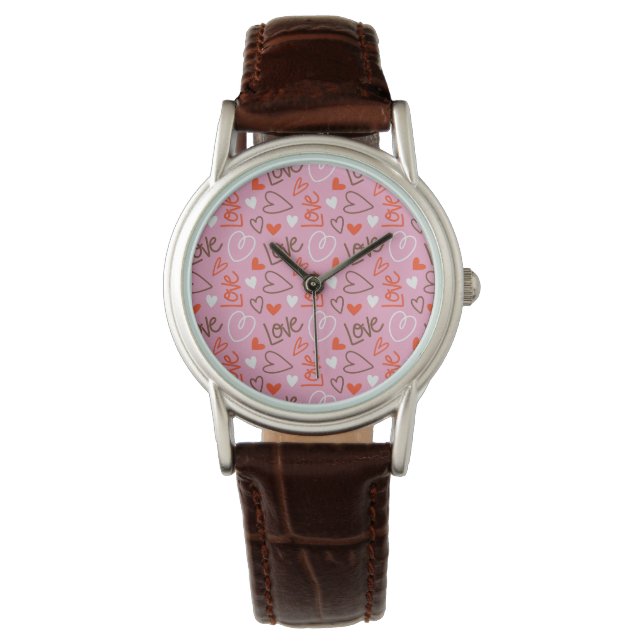 Scribbled Love Hearts Classic Bruin Leather Strap Horloge (Voorkant)