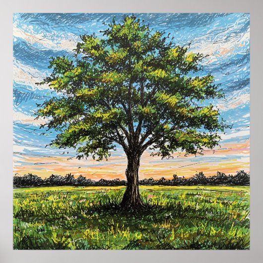 Scribbled Tree - Line Art Style Landscape Poster (Voorkant)