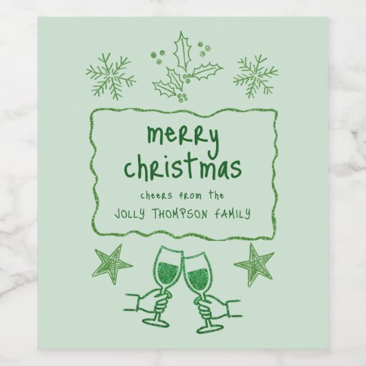 Scribbly Doodle Wavy Frame Glitter Green Christmas Wijn Etiket (Enkel label)
