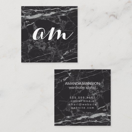 Scrip Monogram | Zwarte Marmer Vierkante Visitekaartje (Voorkant / Achterkant)