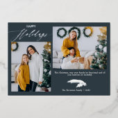 Script 2 foto's Chistmas blauw gelukkig Folie Feestdagenkaart (Voorkant)