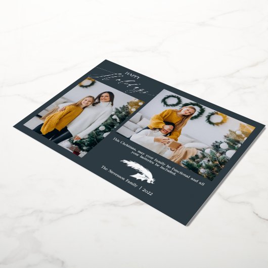 Script 2 foto's Chistmas blauw gelukkig Folie Feestdagenkaart (Gedraaid)