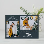 Script 2 foto's Chistmas blauw gelukkig Folie Feestdagenkaart (Staand Voorkant)