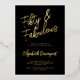 Script 50 en Fabulous Verjaardag Zwart en Goud Folie Uitnodiging