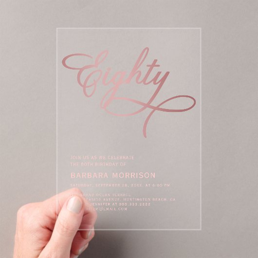 Script 80 Black Roos Gold 80th Birthday Acryl Uitnodigingen (Insitu (Draagbaar))